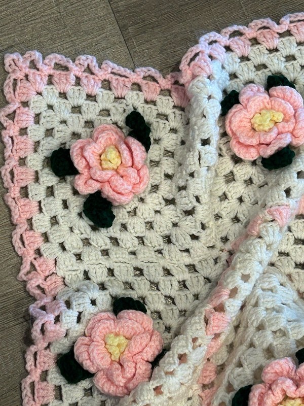 Vintage Handmade Crochet Afghan Throw Blanket White 3D Pink Roses Cottage Core gallery