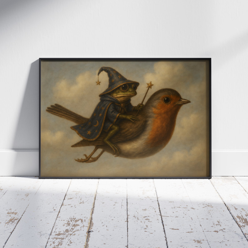 Frog Wizard Riding Bird Poster Cute Cottagecore Wall Art Whimsical Nursery Decor gallery