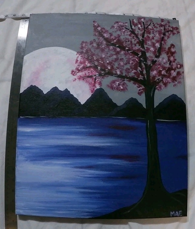 Magenta Moon Cherry Blossom tree Acrylic Painting 20"x16" gallery