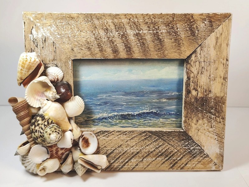 Real Seashells Beach Picture / Photo Wooden Driftwood Frame, Coastal Decor