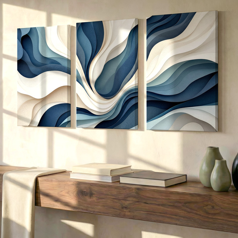 3 Pieces Abstract Blue Beige Waves Modern Large Wall Art for Living Set Of 3