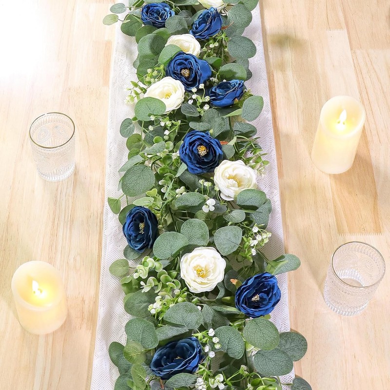 2 Pack 13Ft Artificial Eucalyptus Flower Garland with White and Blue Roses