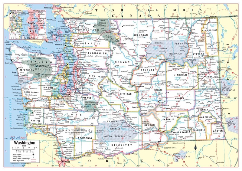 Washington State Wall Map Poster Large Print 34″Wx24″H