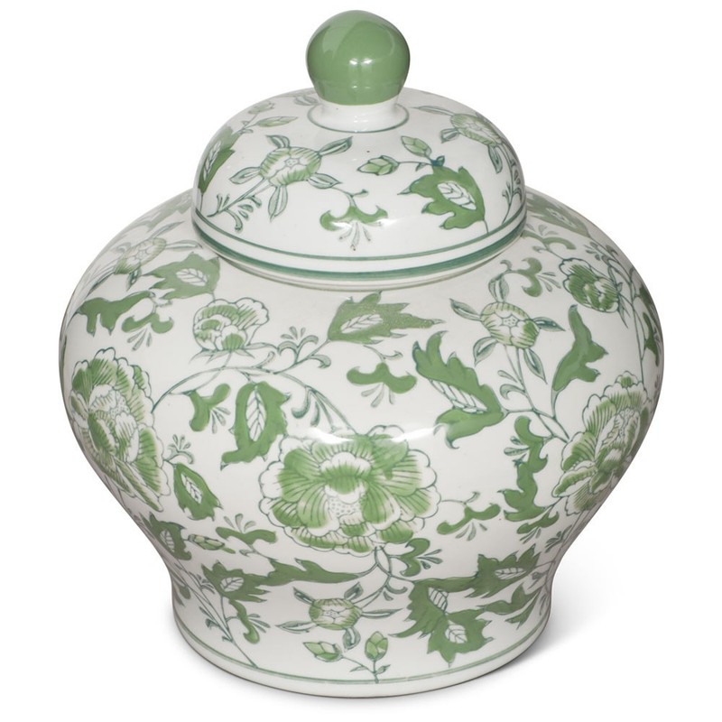 US SELLER - Green and White Flower Motif Oriental Porcelain Tea Jar gallery