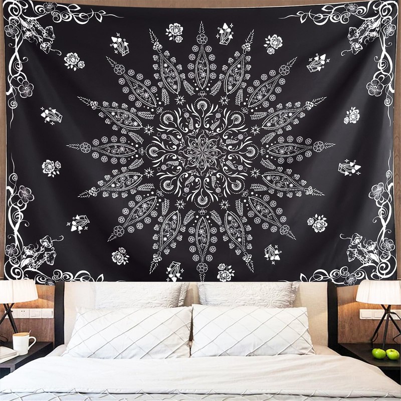 Floral Bohemian Tapestry Black and White Flower Aesthetic Tapestry Mandala Ro... gallery