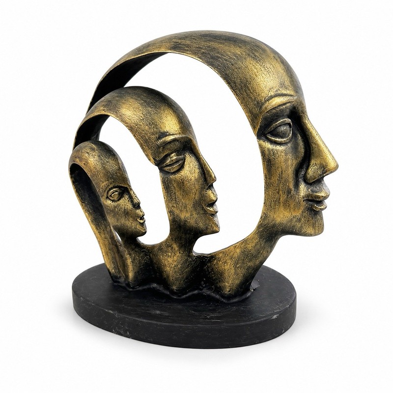 Abstract Three Face Sculpture Bronze Gold Tone Modern Home Decor Statue