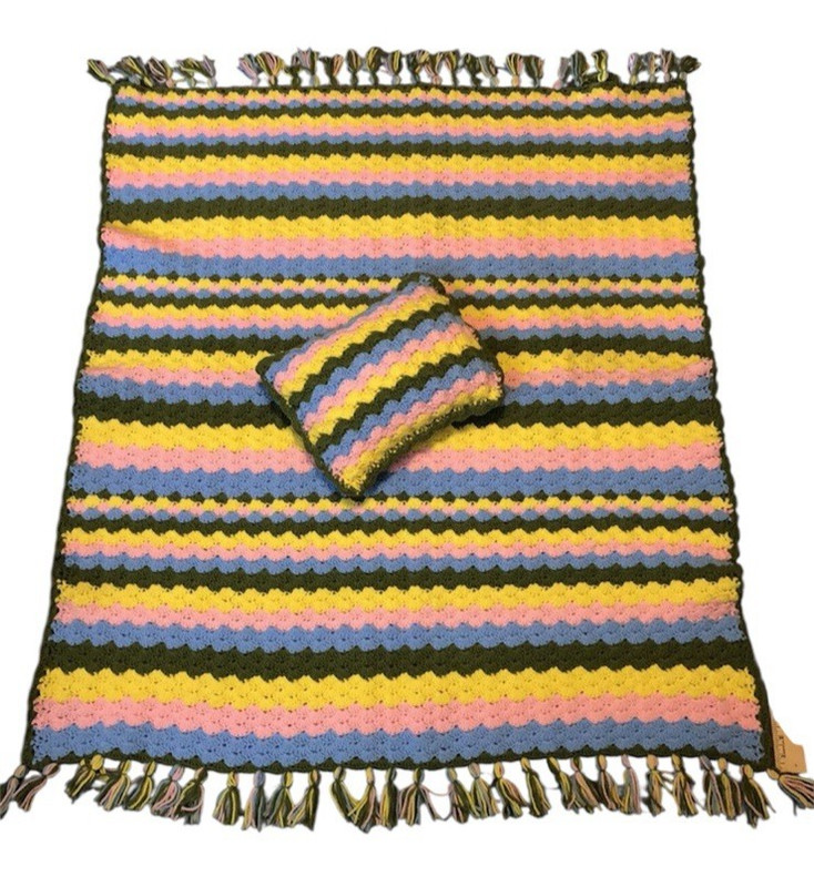 Vintage Toddler Size Crochet Blanket and Pillow Handmade Green Pink Yellow Blue