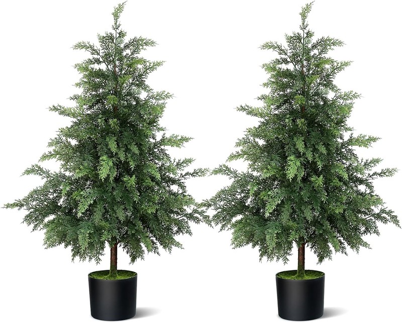 3FT Soft Textured Cedar Topiary Trees for Front Porch Decor, Artificial Shrubs