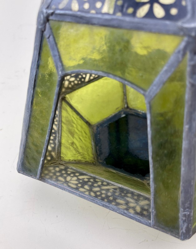 Moroccan Style Hanging Lantern Candle Holder Green Glass Soldered Metal Hexagon gallery