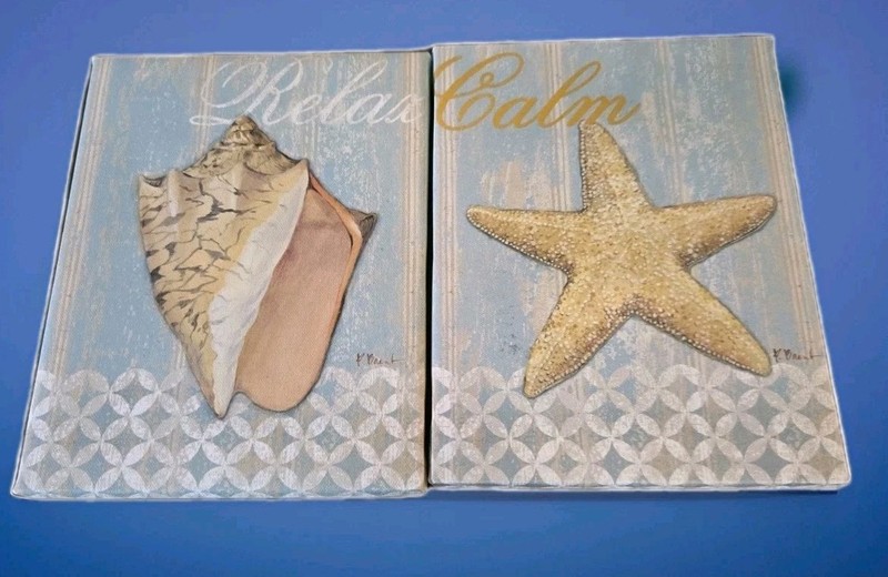 (2) Canvas Wall Art Plaques: “Relax”/”Calm” Beach Nautical Art By Paul Brent