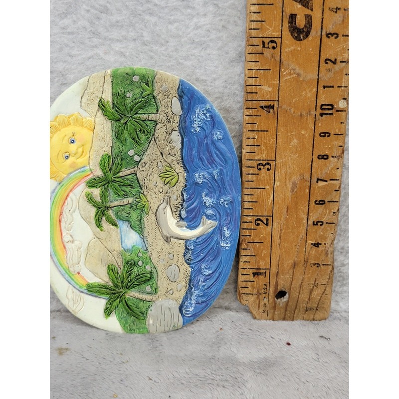 Vintage Tropical Beach Dolphin Rainbow Sun Palm Trees Resin Oval Wall Plaque 4.5 gallery