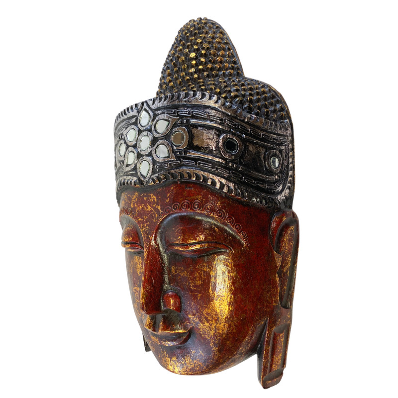 Sublime Buddha Mask Wall sculpture Hand Carved Wood Balinese art Handmade Red gallery