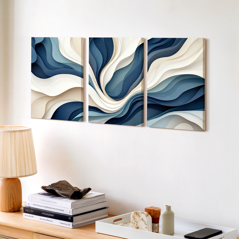 3 Pieces Abstract Blue Beige Waves Modern Large Wall Art for Living Set Of 3 gallery