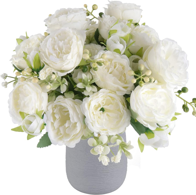 4 Bundles Artificial Peonies Silk Flowers, White Faux Peony Bouquet Florals Arra