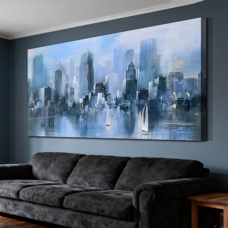 Blue Canvas Wall Art Modern Abstract Cityscape Picture Textured Painting, New…