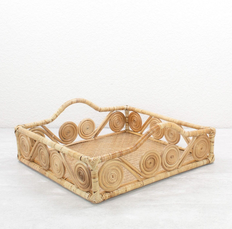 1940s Vintage Inspired Swirly Square Rattan Tray, Luxury Home Decor, Natural