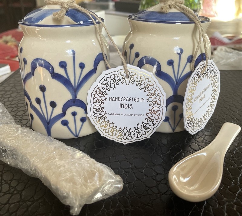 Set of Two Decorative Or storage Hand Painted Jars with Matching Lids And Spoons gallery