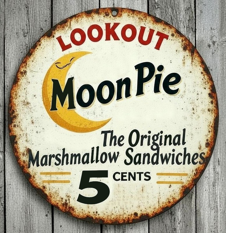 Moon Pie 5 Cents 12″ Diameter Vintage Novelty Metal Sign Made In USA