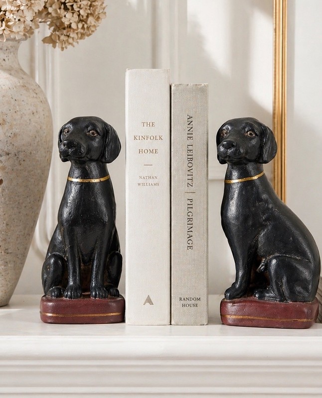 Dog Bookends Pair Black Resin Sitting Dogs Vintage Shelf Decor gallery