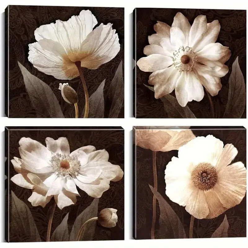 4pcs Elegant White & Beige Floral Wall Art Canvas Unframed/Framed