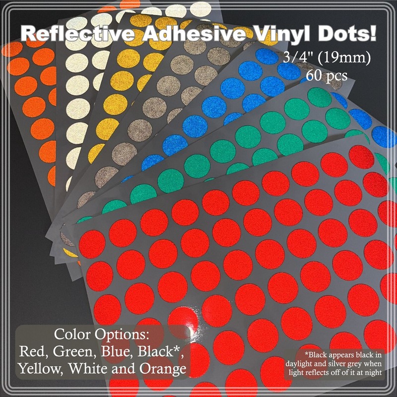 3/4″(19mm) Reflective Adhesive Backed Dots Sheets of 60 Stickers 7 Color Options