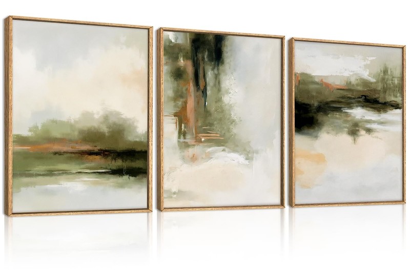 Green Abstract Neutral Framed Canvas Wall Art Set,Modern Watercolor Shapes Wa…