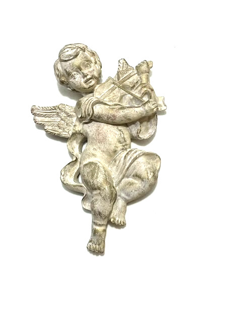 Cherub Angel Musical Instrument Wall Plaque Hanging Antique Gold Resin 8.5″ L