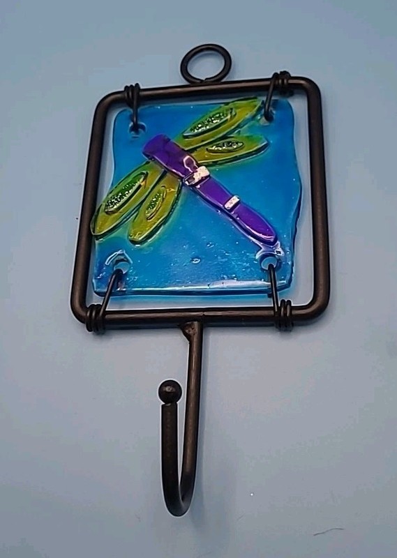 Stained Glass Dragonfly Suncatcher Hook Blue Green Black Metal Frame E-2