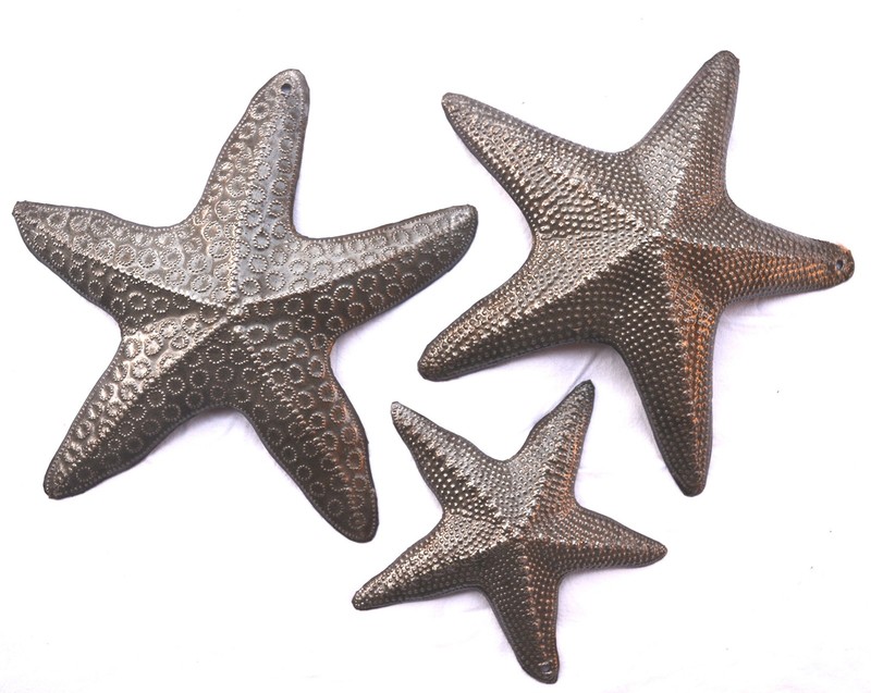 Starfish, Set of 3, Sea Life Nautical Home Decor, Recycled Wall Art 8×8 and 5×5