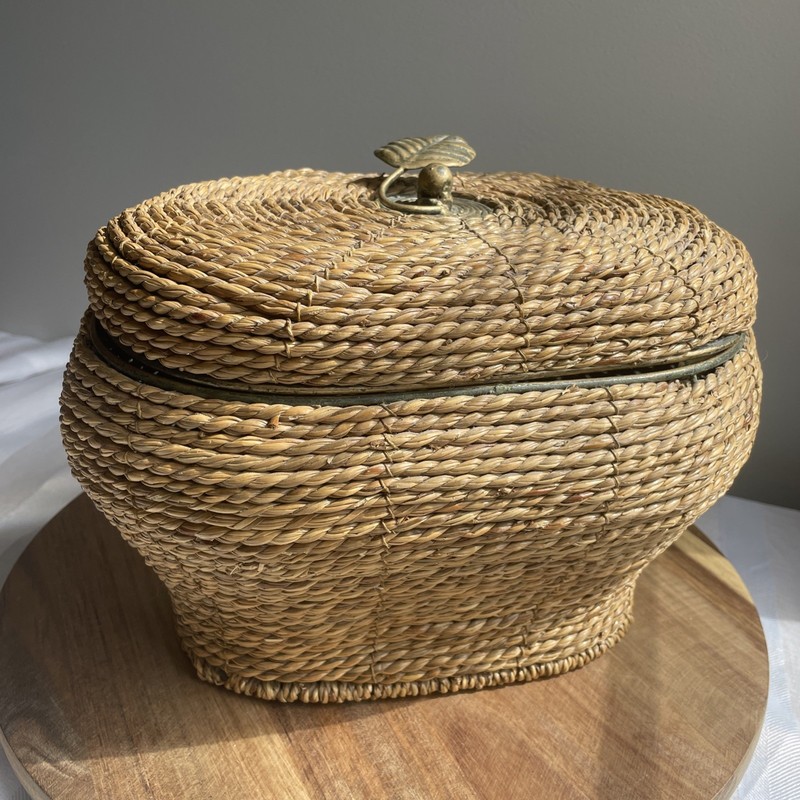 Vintage Handwoven Coiled Rye Straw Rattan Wicker Basket with Iron Leaf and Frame