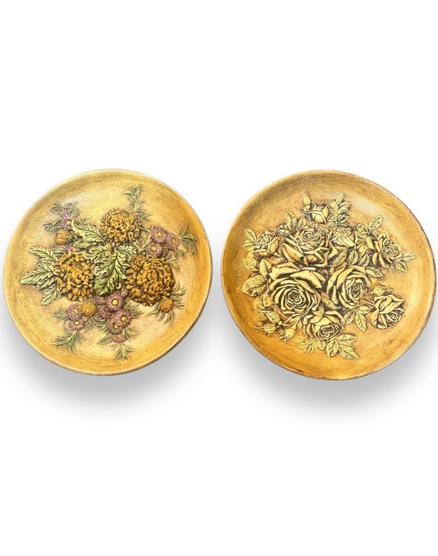 A Pair Of Vintage 1973 Hand-Painted Floral Bas-Relief Wall Plaques, Rustic Style
