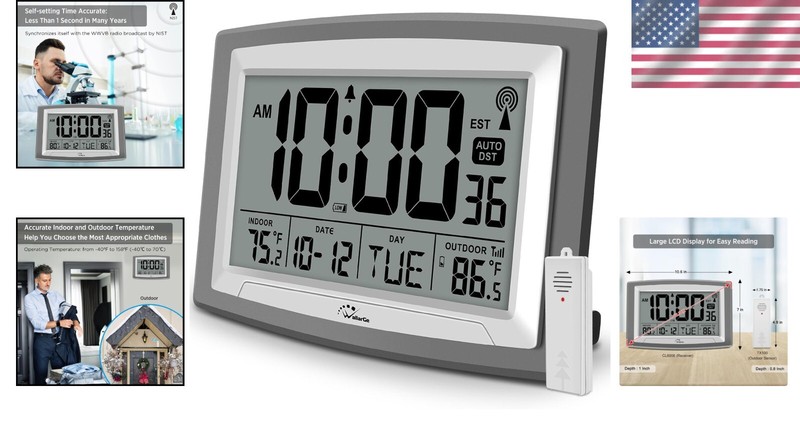 Radio-Controlled Atomic Clock with Dual Temperature Reading - Battery Operated gallery