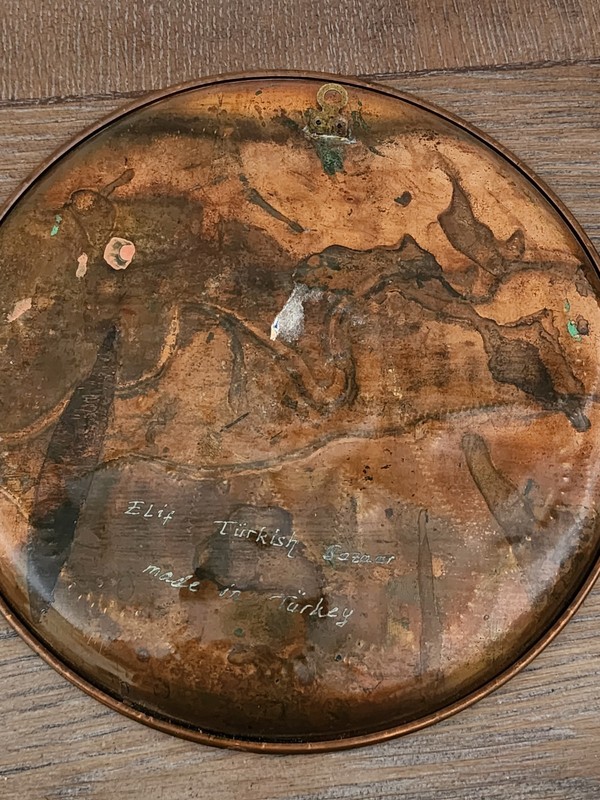 Vintage Turkish Copper Wall Plate Hand Painted Floral Black Enamel 8.5" gallery