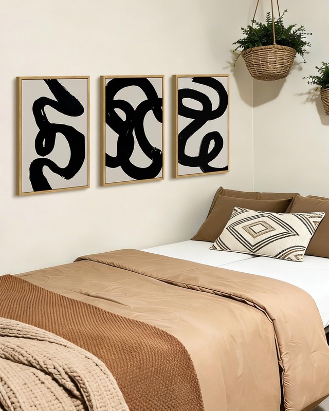 Black Abstract Wall Art Ink Wash Minimalist Lines Framed Canvas Painting Artw... gallery