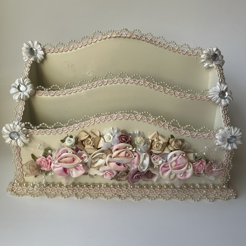 Victorian Style Floral Roses Lace Letter Mail Holder Desk Organizer Cottagecore