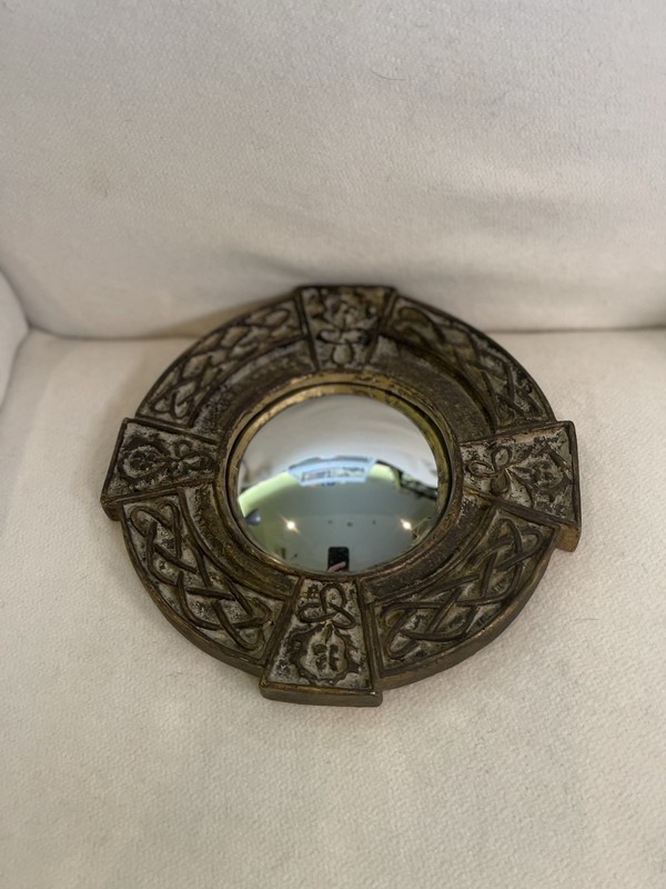Vtg Celtic Knot Convex Mirror Round 10” Rustic Gold Wall Fish Eye Decor