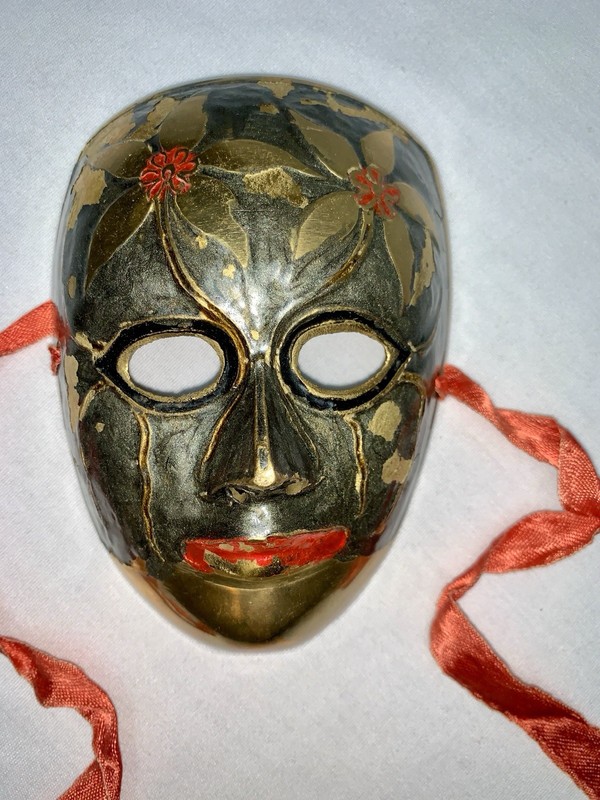 Vintage Solid Brass Face Mask Hand Painted Enamel Wall Decor Hanging India 4.75″