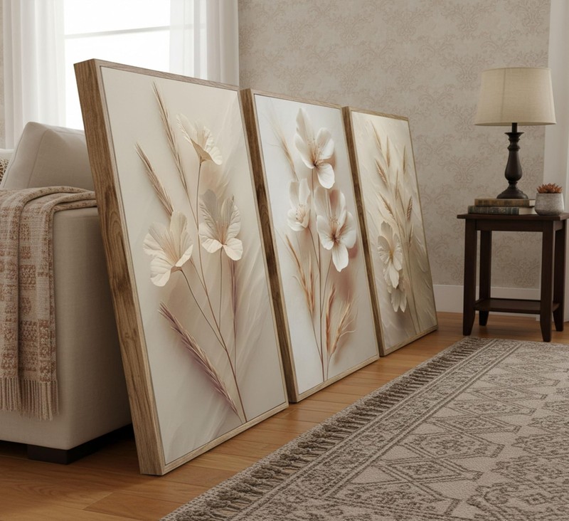 3Pcs Neutral Beige Floral Botanical Poster Wall art Modern Simple Texture Flo... gallery