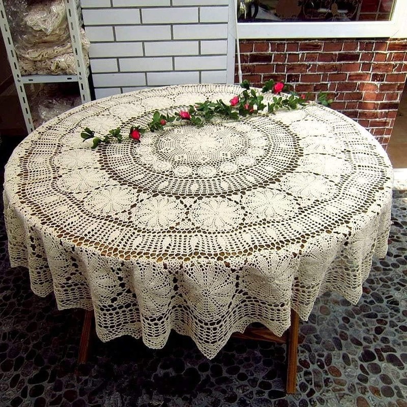 60 inch White Crochet Cotton Lace Tablecloth Elegant Floral Round Table Cloth
