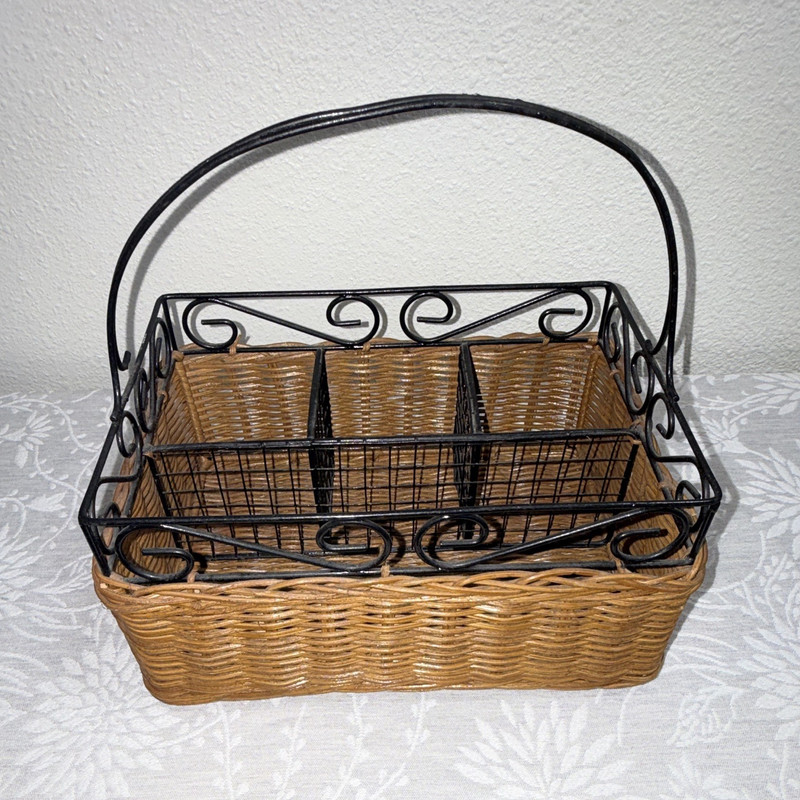 Rectangular Wicker/Metal Storage Basket w/ Handle, 4 Compartments 10x8x10