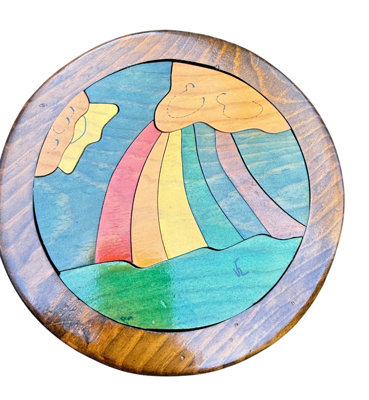 Handmade Wooden Rainbow Puzzle Wall Plaque Round 8in Multicolor Inlay Signed