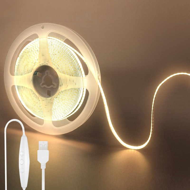 5V USB COB LED Strip Lights with Dimmable Switch,16.4FT/5M,Warm White 3000K,3…