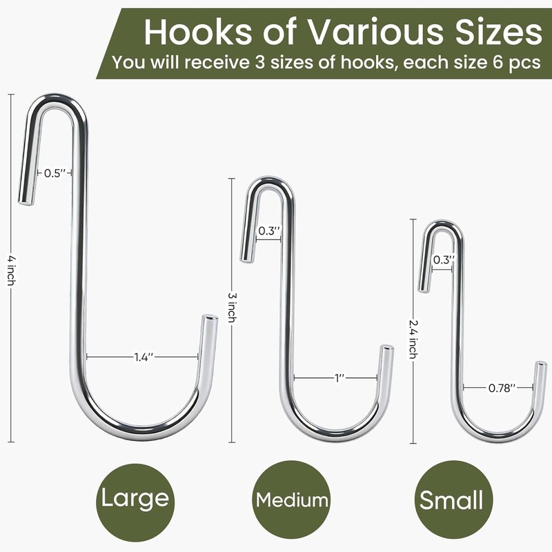 18 Pack Heavy Duty S Hooks for Hanging, Variety Sizes 6 PCS Large 4"/ 6 PCS gallery