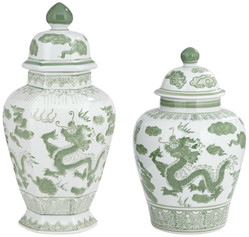 Sansui Green and White Ceramic Ginger Jars Set of 2