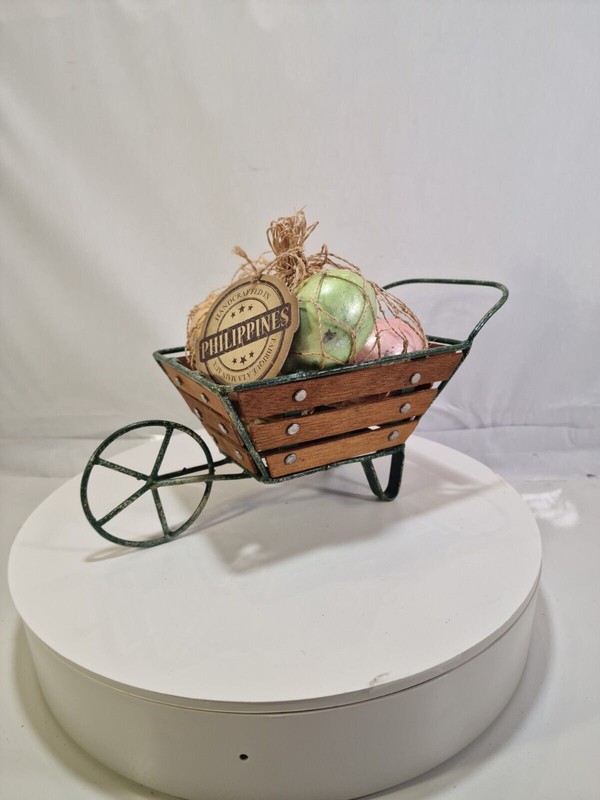 Wood And Metal Tabletop WHEELBARROW with Easter Eggs, Handmade In Philippines,B9