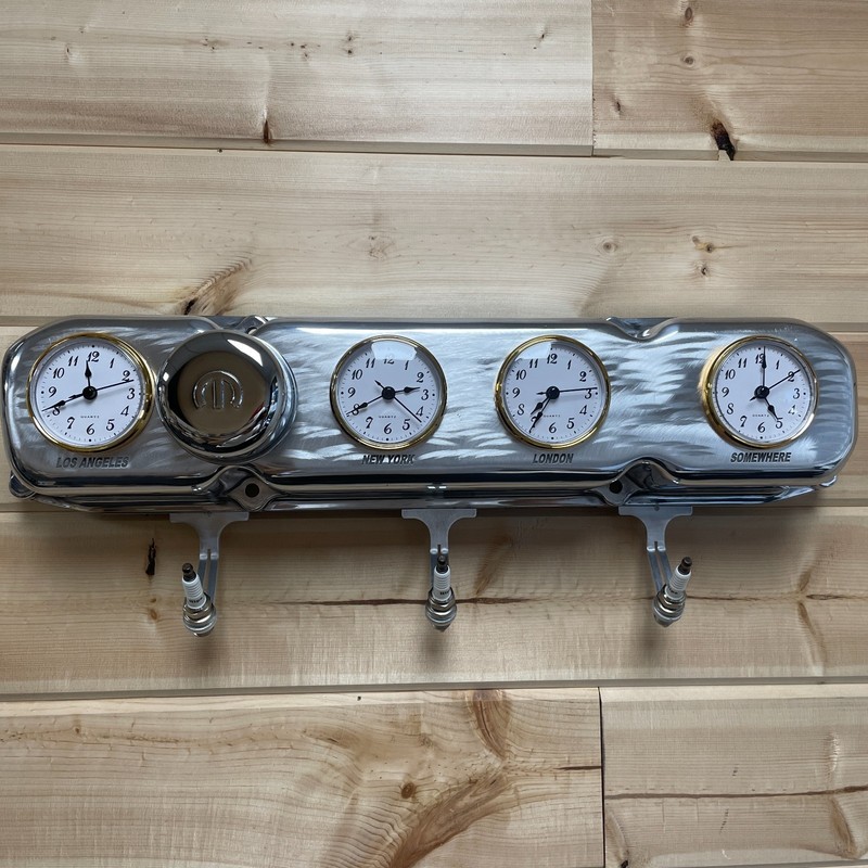 Automotive Decor World Clock Coat Rack w/ Spark Plug Hooks & Mopar Breather gallery