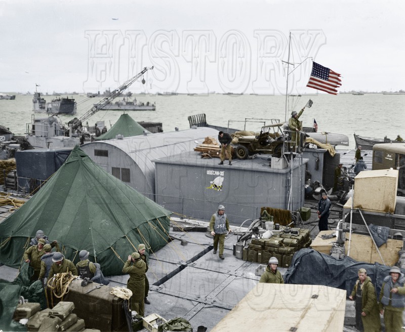 US Navy SeeBees Normandy Repair Shop Flag Pontoon WWII color photo - 80-G-47381