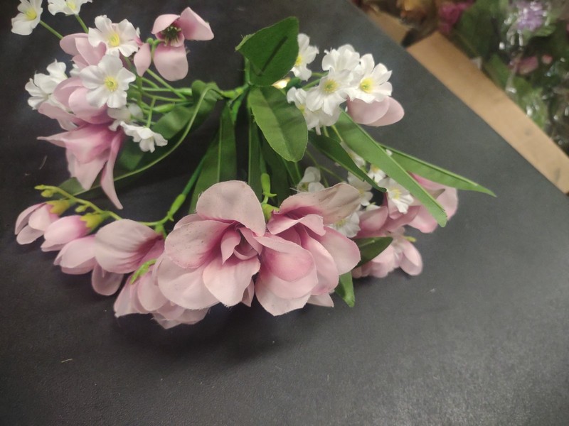 Vintage 10" Silk Freesia Bush, Mauve Pink, 5 Stems, Baby's Breath & Foliage gallery