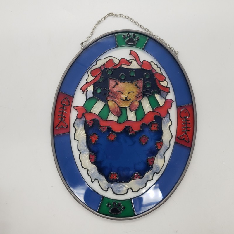Vintage Joan Baker Stained Glass Cat in Peeking Apron Hand Painted 6484 gallery