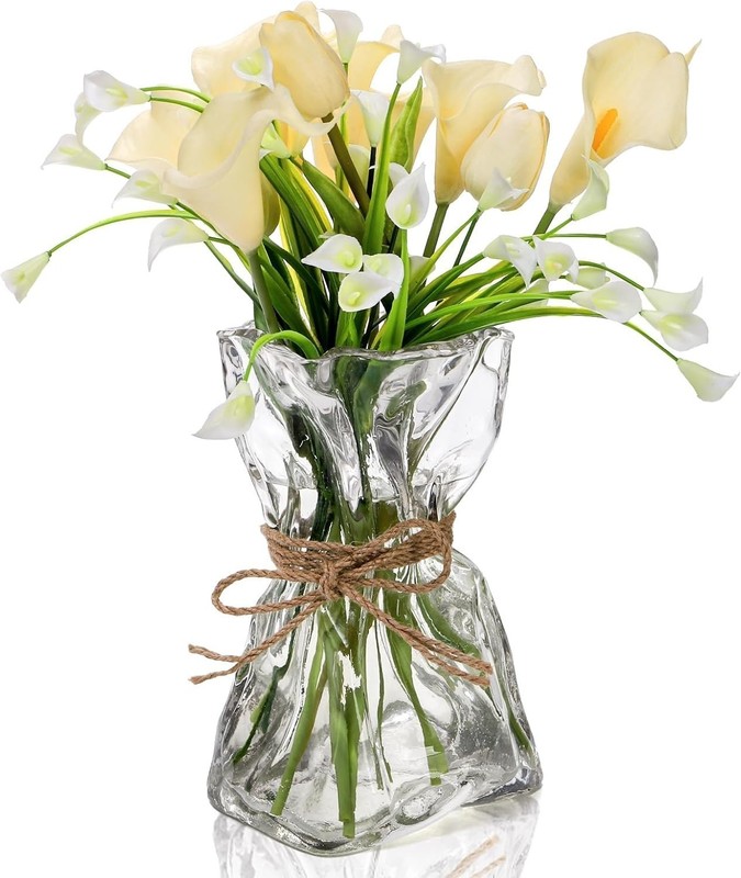 Glass Vase 8.7 Inch Tall Irregular Shaped Flower Vase W/ Hemp Rope Clear Art